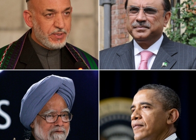 Clockwise from top left: Hamid Karzai, President, Afghanistan; Asif Ali Zardari, President, Pakistan; Barack Obama, President, United States; Manmohan Singh, Prime Minister, India. (Secretary of Defense,&nbsp;The Prime Minister's Office,&nbsp;US Department of Labor&nbsp;and&nbsp;London Summit/Flickr)