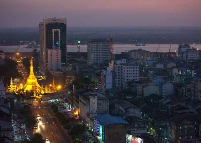 Rush-hour traffic moves near the Sule Pagoda in Yangon, Myanmar. (Paula Bronstein /Getty Images)