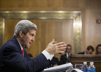 U.S. Secretary of State John Kerry testifies during a Senate Foreign Relations Committee hearing concerning the 2015 international affairs budget on Capitol Hill April 8, 2014 in Washington, DC. Kerry discussed a wide range of topics, including the conflict in Syria, relations with Iran, and also discussed the possibility of additional economic sanctions on Russia. (Drew Angerer/Getty Images)