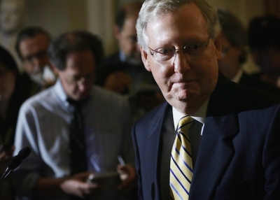 U.S. Senate Majority Leader Sen. Mitch McConnell (R-KY) turns away after a news conference at the Capitol May 19, 2015 in Washington, DC. The legislators held a news conference with small business owners from Ohio, Wisconsin and Kentucky to discuss trade and "the need for Trade Promotion Authority." (Alex Wong/Getty Images)