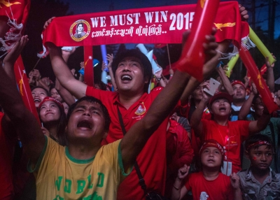 Residents of Yangon, Myanmar celebrate the results of the country's democratic elections on Sunday, November 8. (Lauren DeCicca/Getty Images)