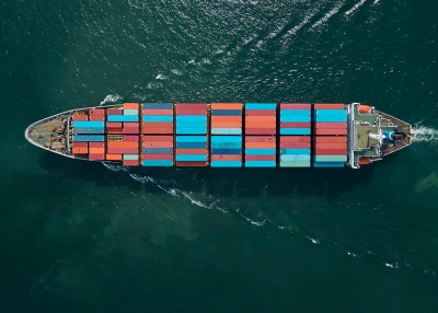 Aerial view of cargo ship, cargo container near Thailand.