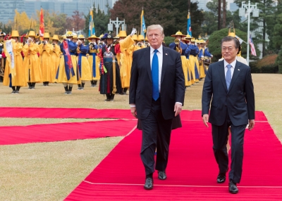 U.S. President Donald J. Trump with South Korean President Moon Jae-in on November 7, 2017 in South Korea