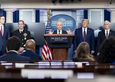 National Defense Production Act policy coordinator Peter Navarro takes questions from the press during a coronavirus update briefing