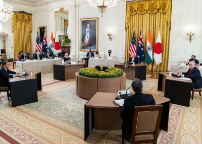 President Joe Biden participates in the Quad Leaders’ Summit with India Prime Minister Narendra Modi, Australian Prime Minister Scott Morrison and Japanese Prime Minister Yoshihide Suga, Friday, September 24, 2021, in the East Room of the White House.