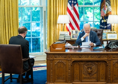President Joe Biden meets with National Security Adviser Jake Sullivan, Tuesday, October 19, 2021, in the Oval Office.