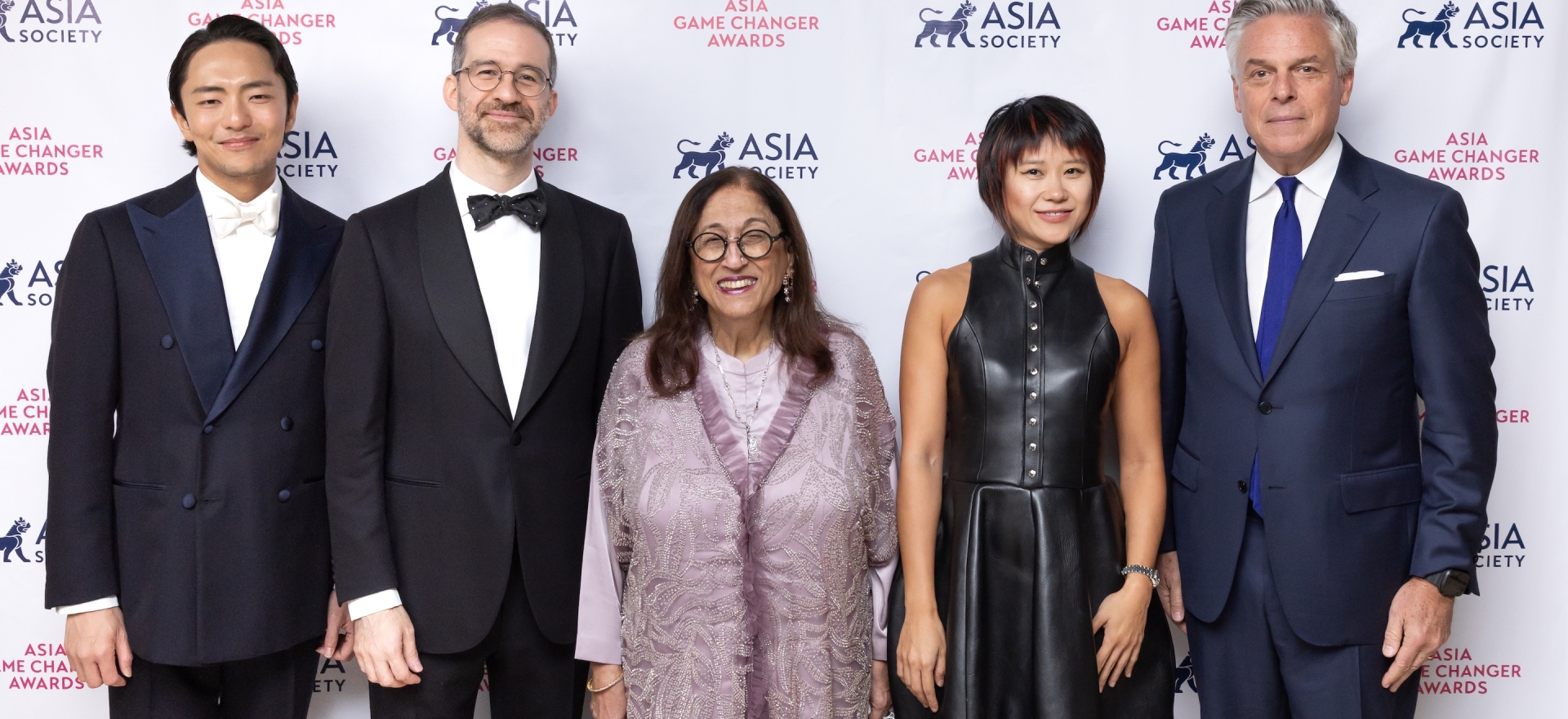 2025 Asia Game Changer Award honorees Hue Park, Will Aronson, Kiran Nadar, Yuja Wang, and Jon M. Huntsman, Jr.