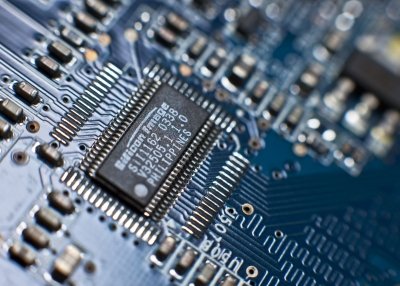 Zoomed-in picture of a computer's circuit board