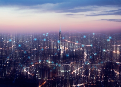 Smart city and connection lines. Internet concept of global business in Seoul, South Korea.