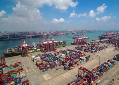 Shipping containers stacked at Qindao port