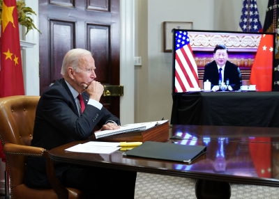 U.S. President Joe Biden meets with China's President Xi Jinping during a virtual summit from the Roosevelt Room of the White House in Washington, DC, November 15, 2021.
