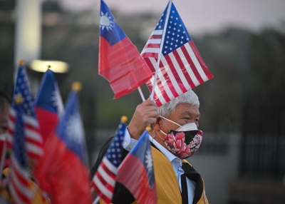 Supporters await the arrival of Taiwan Vice President Lai Ching-te at the Hilton Los Angeles/Universal City Hotel in Universal City, California, on January 25, 2022.