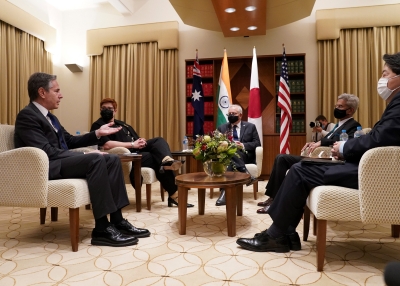 Australian Prime Minister Scott Morrison (C) meets with US Secretary of State Antony Blinken, Japanese Foreign Minister Yoshimasa Hayashi, Australian Foreign Minister Marise Payne and Indian Foreign Minister Subrahmanyam Jaishankar at the Quad meeting of foreign ministers in Melbourne on February 11, 2022. 