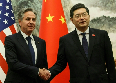 US Secretary of State Antony Blinken (L) and China's Foreign Minister Qin Gang shake hands ahead of a meeting at the Diaoyutai State Guesthouse in Beijing on June 18, 2023.