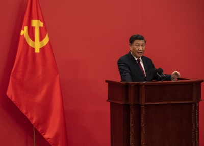 General Secretary and Chinese President Xi Jinping speaks at a press event with Members of the new Standing Committee of the Political Bureau of the Communist Party of China and Chinese and Foreign journalists at The Great Hall of People on October 23, 2022 in Beijing, China.
