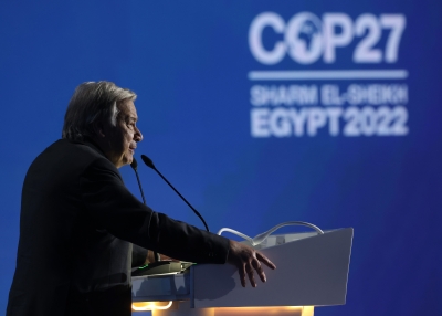 United Nations Secretary-General Antonio Guterres speaks during the Sharm El-Sheikh Climate Implementation Summit (SCIS) of the UNFCCC COP27 climate conference on November 07, 2022 in Sharm El Sheikh, Egypt.