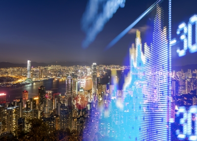Hong Kong skyline with stock market and finance economic background