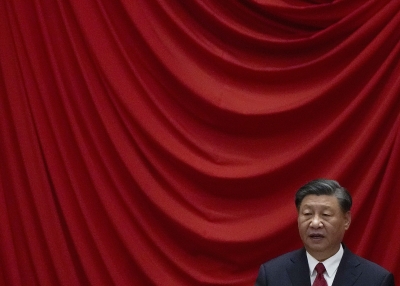 Chinese President Xi Jinping delivers his speech at a dinner marking the 74th anniversary 