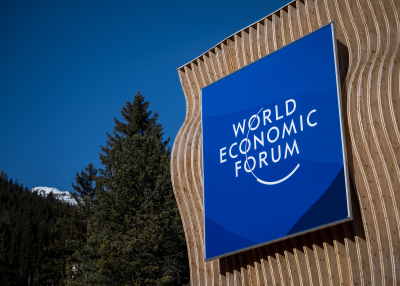 A sign displayed on the eve of the World Economic Forum annual meeting in Davos on January 18, 2026. 