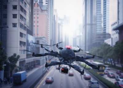 Drone flying over Hong Kong cityscape, Hong Kong