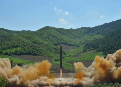 The intercontinental ballistic missile Hwasong-14 is seen during its test launch in this undated photo released by North Korea's Korean Central News Agency (KCNA) in Pyongyang, July, 4 2017. 