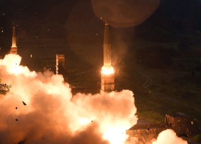 South Korea firing Hyunmu-2 missiles into the East Sea during a South Korea-U.S. joint missile drill aimed to counter North Korea's ICBM test on July 29, 2017 in East Coast, South Korea. (South Korean Defense Ministry via Getty Images)