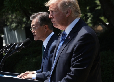 President Donald Trump and South Korean President Moon Jae-in deliver joint statements in the Rose Garden of the White House on June 30, 2017 in Washington, DC. (Alex Wong/Getty Images)